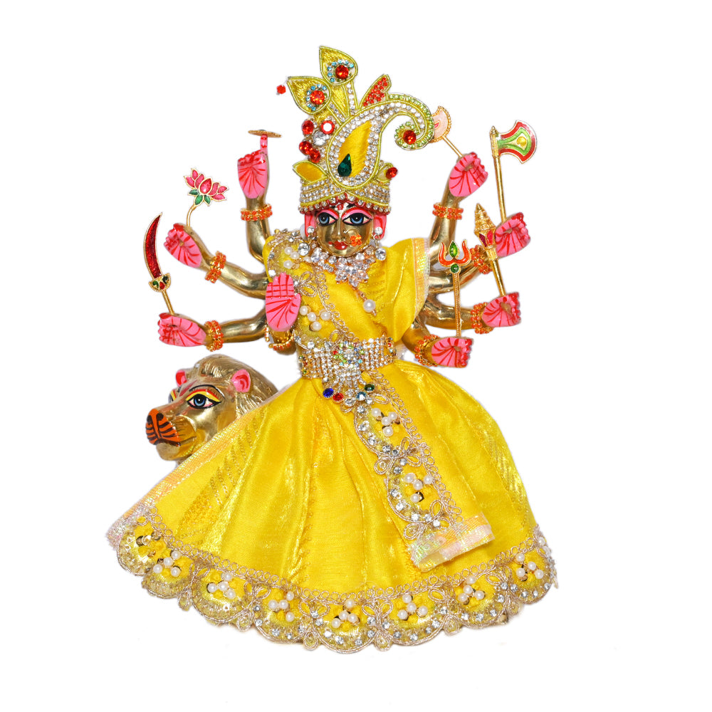 Yellow Stone Pearl Lace Work Durga Ji Dress