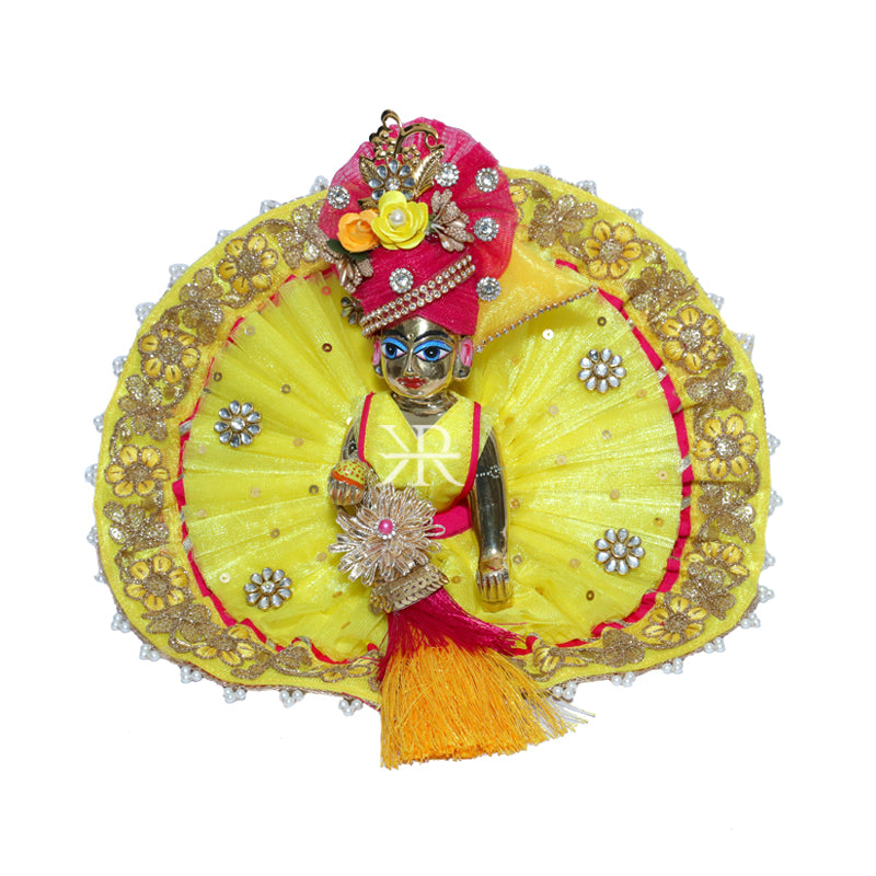 Designer Yellow Kundan Patch Zari Lace Work Dress