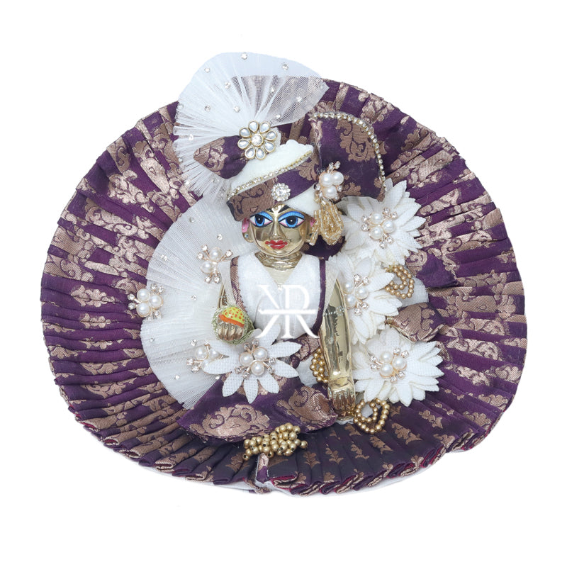 Designer White Purple Banarasi Silk Floral Beads Patch Work Laddu Gopal Dress