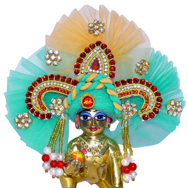 Designer Golden Green Heavy Stone Patch Work Laddu Gopal Pugree