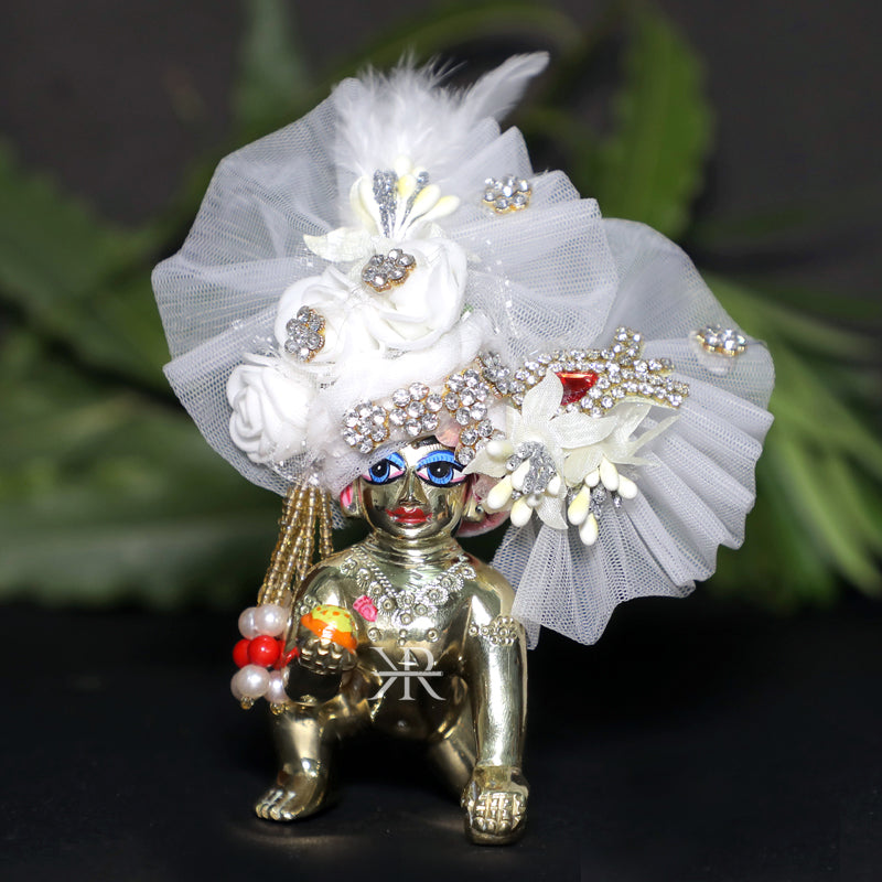 Designer White Stone Flower Patch Work Laddu Gopal Pugree