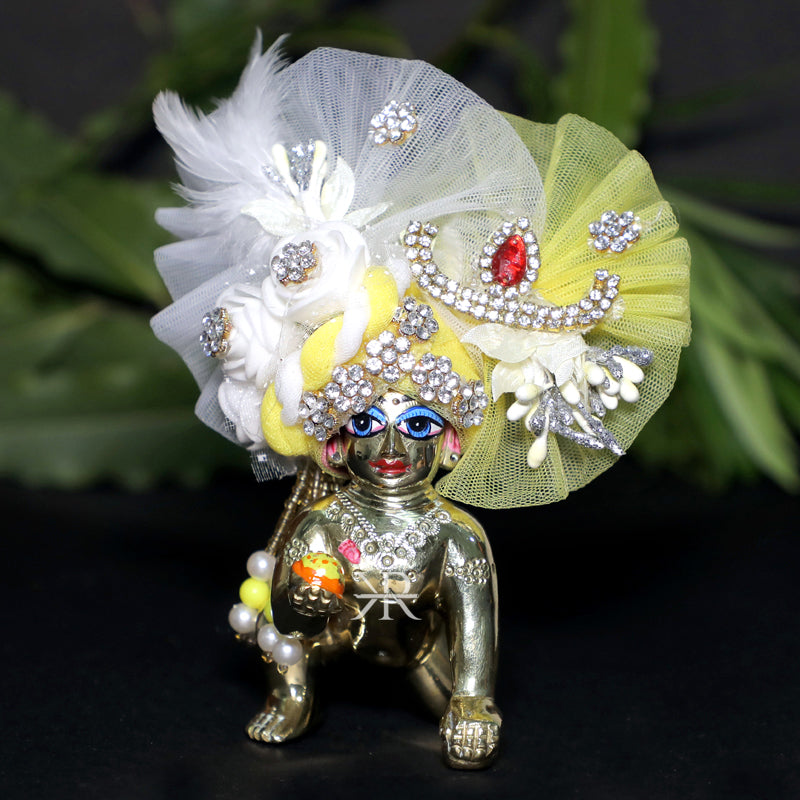 Designer White Yellow Stone Flower Patch Work Laddu Gopal Pugree