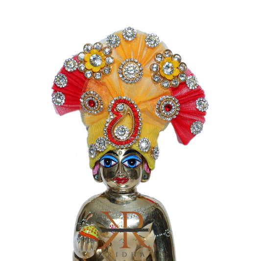 Designer Yellow Red Stone Patch Work Laddu Gopal Pugree