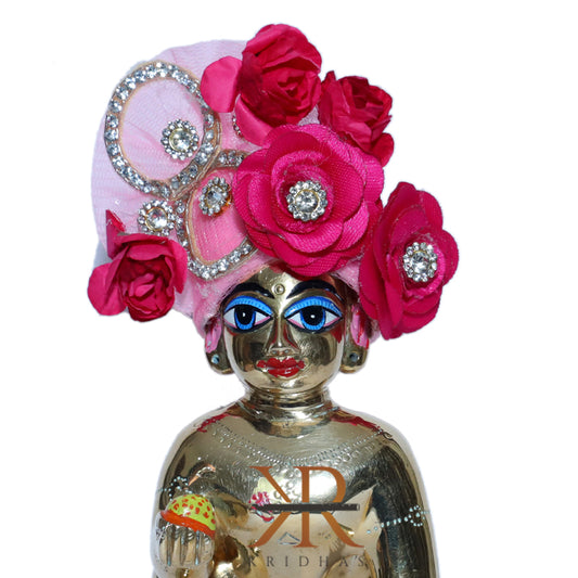 Designer Pink Flower Stone Patch Work Laddu Gopal Pugree