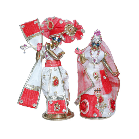 Designer White Red Stone Patch Work Radha Krishna Dress